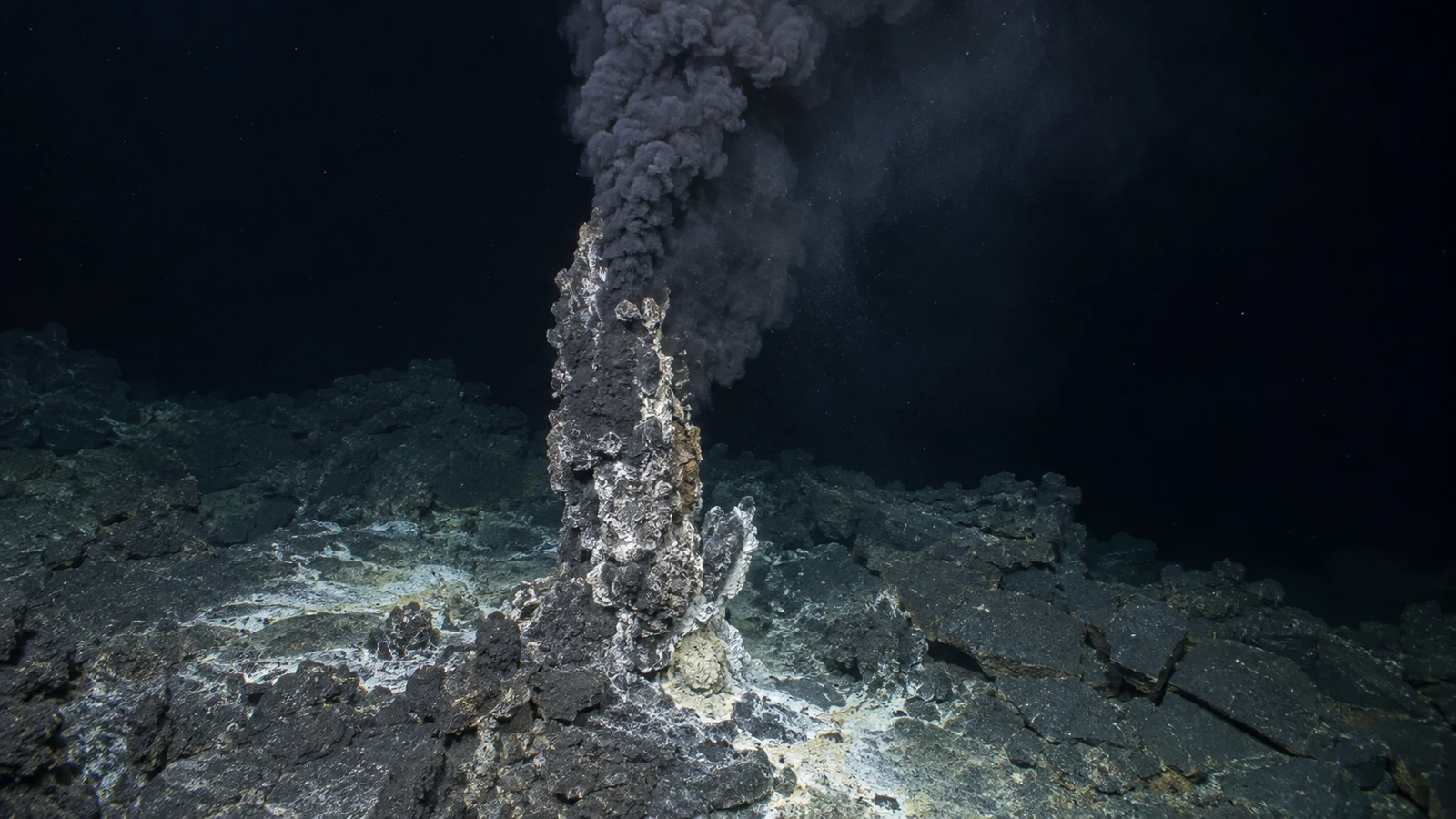 暗い海底の鉱物チムニーから黒い粒子を含む流体が上昇する熱水噴出孔の再構成