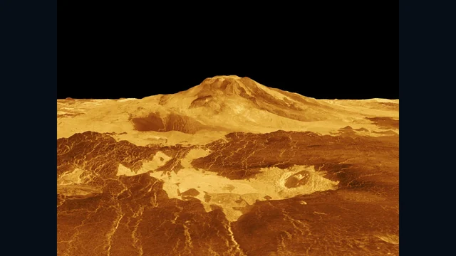 マゼランのレーダーデータで作られた、金星のマアト山と周辺平原の立体表示